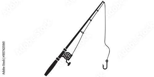 A silhouette fishing rod is angling with a hook on a white background, black and white fishing rods with reels on white background fishing pole, Simple black silhouette , pro