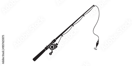 A silhouette fishing rod is angling with a hook on a white background, black and white fishing rods with reels on white background fishing pole, Simple black silhouette , pro