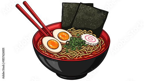 Delicious Japanese Ramen Bowl Illustration – Toppings, Noodles, and Broth