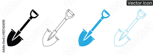 A set of shovel icons in various colors and line styles for use in design projects