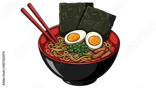 Delicious Japanese Ramen Bowl Illustration – Toppings, Noodles, and Broth