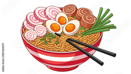 Delicious Japanese Ramen Bowl Illustration – Toppings, Noodles, and Broth