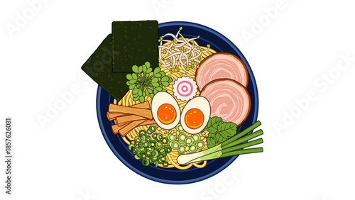Delicious Japanese Ramen Bowl Illustration – Toppings, Noodles, and Broth
