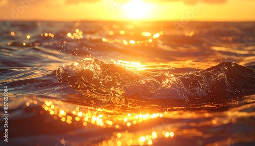Warm sunset light glistens on gentle ocean waves, creating a shimmering, dreamlike water surface