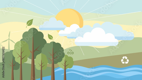 Trees near river with recycling symbol.