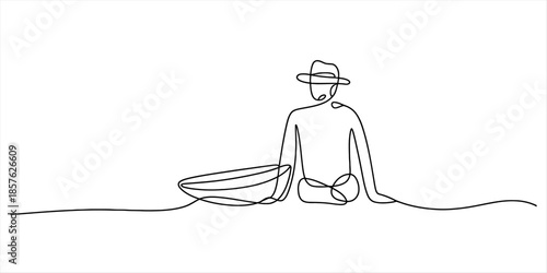A continuous line drawing of a person sitting next to a boat Vector, illustration