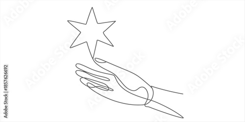 Continuous line art of a minimalist hand holding a six-pointed star against a white background. Vector, illustration