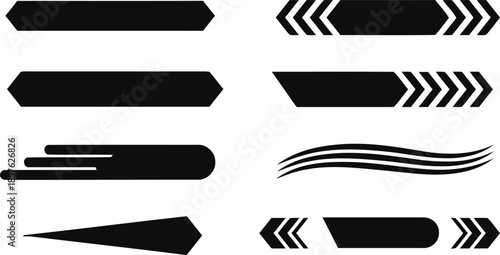 Set of eight black abstract and shapes including arrows and wavy lines