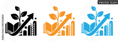 A set of modern vector icons representing growth and education in business and technology, featuring books, leaves, arrows, and cityscapes in black, orange, and blue