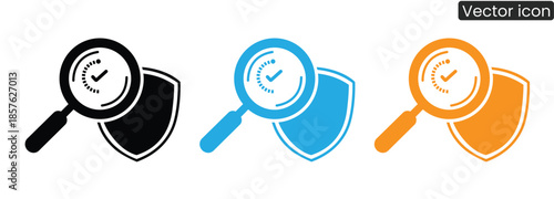 Three magnifying glasses with shields and checkmarks in black, blue, and orange for security and inspection concepts