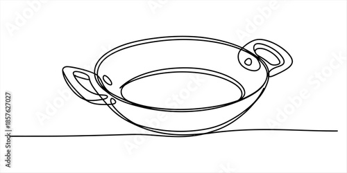 Continuous line drawing of a cooking pan or wok with two handles on a white background Vector, illustration