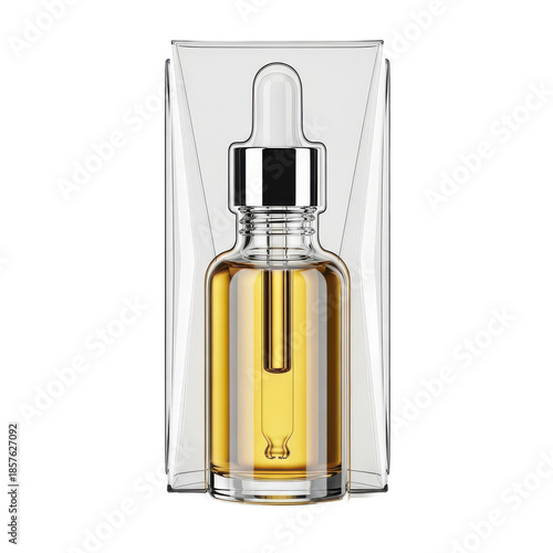 Elegant glass dropper bottle with liquid on transparent background