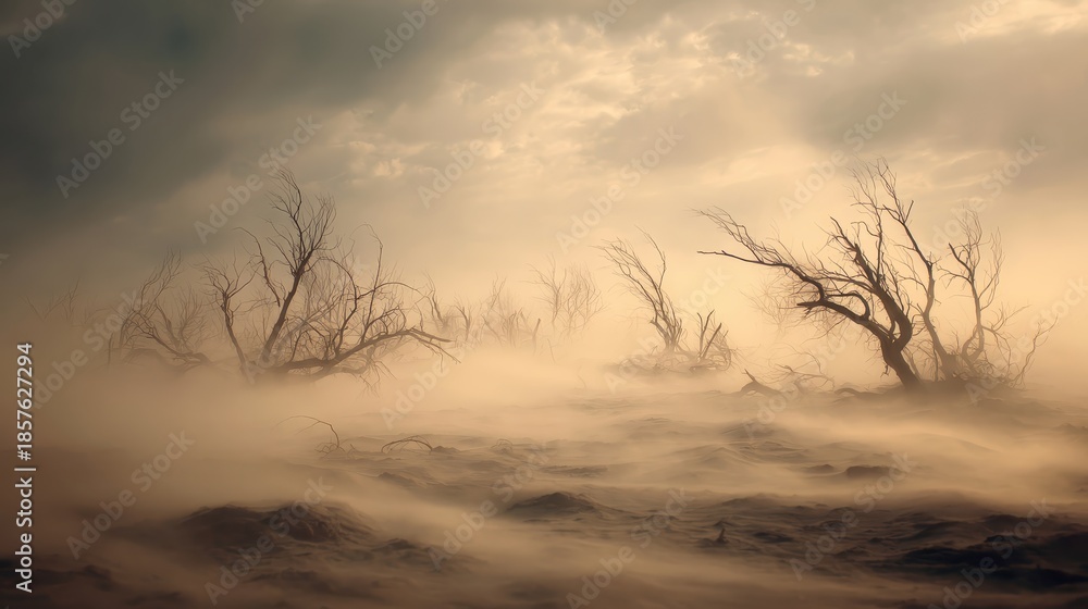 Fototapeta premium Dead leafless trees rising through swirling dust and fog evoke apocalypse, destruction, and a haunting vision of a lifeless world. 