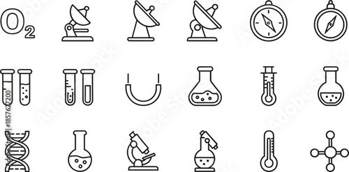 Complete set of scientific research line icons featuring laboratory flasks test tubes microscopes DNA strands thermometers satellite dishes and oxygen chemical symbols