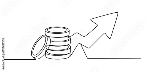 Continuous line drawing of stacked coins and a rising graph line indicating financial growth Vector, illustration