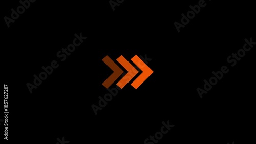 Orange right directional arrow looped animation on black background. Animated of arrows for the overlay video layer Looped animation. Digital blinking arrow navigation.