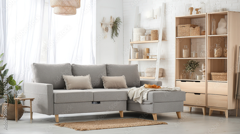 Obraz premium A contemporary living room with a minimalist gray sofa and clean, spacious design.