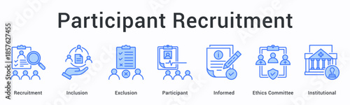 Participant recruitment banner web icon manages inclusion and exclusion criteria with informed consent and ethics oversight.