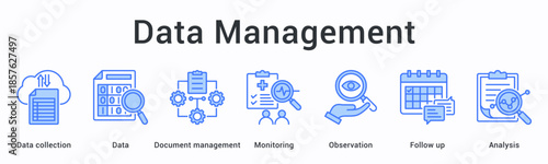 Data management banner web icon coordinates collection and monitoring with observation follow-up leading to analysis results.
