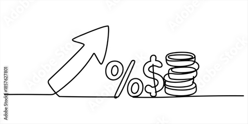 Continuous line drawing showing financial growth with arrow, percentage, and dollar sign Vector, illustration