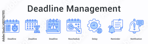 Deadline management banner web icon tracks multiple deadlines with rescheduling options addressing delays through reminders and notifications.