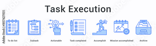 Task execution banner web icon manages lists with subtasks through actionable steps to accomplished missions and archiving.