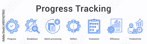 Progress tracking banner web icon monitors advancement through breakdown and batch processing with reflection and evaluation for efficiency.