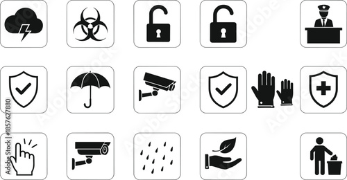 Black solid icon set for safety and protection featuring surveillance cameras biohazard warnings lightning clouds security shields umbrellas and environmental care symbols