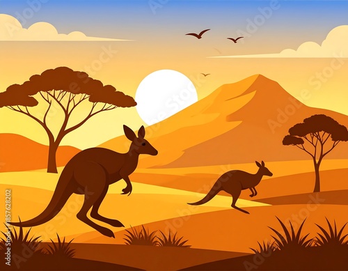 Warm vector landscape of two kangaroos, trees, and desert hills under the sun, with birds flying