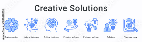 Creative solutions banner web icon generates ideas through brainstorming and lateral thinking for transparent problem solving outcomes.