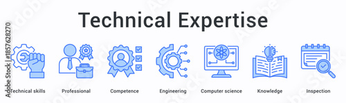 Technical expertise banner web icon showcases professional competence in engineering and computer science knowledge through inspection processes.