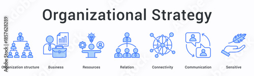 Organizational strategy banner web icon aligns business resources and relations through connectivity and sensitive communication structures.