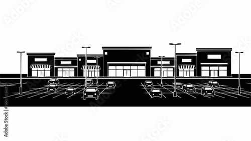 Shopping Center Facade Illustration with Parking Lot and Cars.