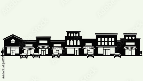 Silhouette of a Strip Mall with Cars in Front.