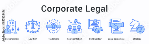 Corporate legal banner web icon covers law firm trademark representation with contract agreements and strategic planning.