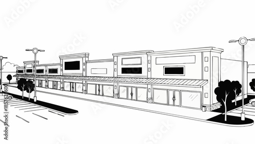 Detailed Line Art Depiction of a Commercial Strip Mall.