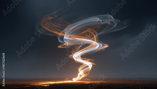 Glowing tornado-like form spirals against dark sky