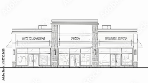 Commercial Building Facade with Retail Spaces and Architectural Details.