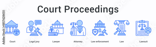 Court proceedings banner web icon depicts trial process with legal jury, lawyers, and attorneys under law enforcement framework.