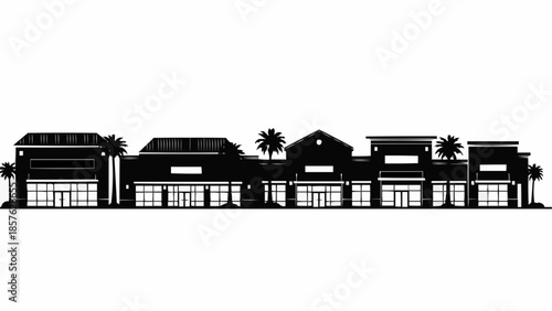 Silhouette of a Commercial Strip Mall with Palm Trees.