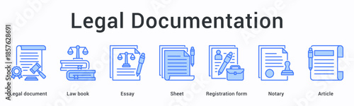Legal documentation banner web icon organizes documents, law books, and registration forms with notary for article filing.