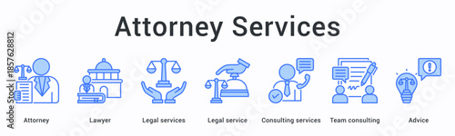 Attorney services banner web icon delivers legal assistance through consulting with team collaboration providing professional advice.