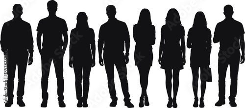 Silhouette, diverse people, standing group, fashion outline, posture study, black figure, casual clothing, human shape, 