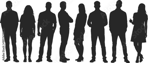 Silhouette, diverse people, standing pose, body language, fashion outline, black figure, casual clothing, human shape, 