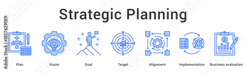 Strategic planning banner web icon outlines vision and goals with target alignment for implementation success.