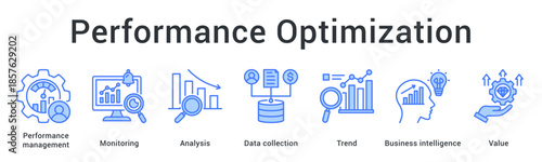 Performance optimization banner web icon tracks monitoring and analysis through data collection revealing trends and intelligence.