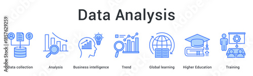 Data analysis banner web icon gathers information for business intelligence revealing trends through learning and training.