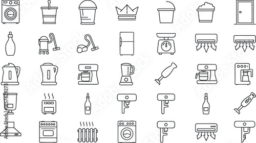 Mega collection of household appliances and cleaning equipment line icons featuring washing machines vacuum cleaners coffee makers air conditioners kettles and refrigerators for home