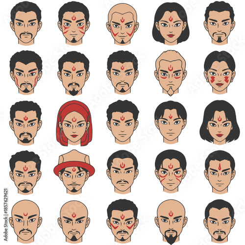A grid of diverse cartoon character faces, featuring various genders, hairstyles, facial hair, and distinctive red forehead markings.
