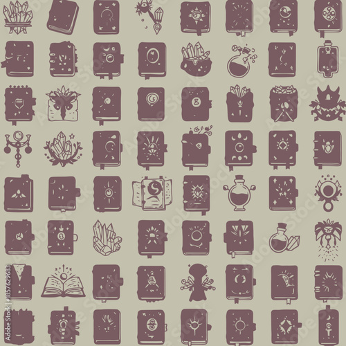 A collection of mystical and magical icons featuring books, potions, and crystals in a grid pattern.